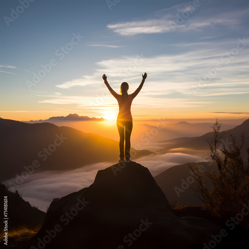 Silhouette of a person practicing yoga on a mountaintop at sunrise. © Cao