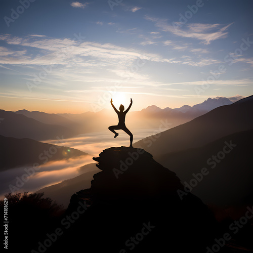 Silhouette of a person practicing yoga on a mountaintop at sunrise.