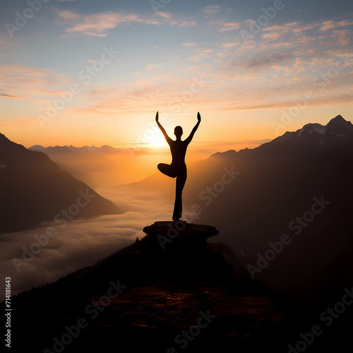 Silhouette of a person practicing yoga on a mountaintop at sunrise.