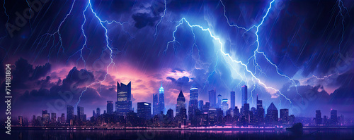 Lightning storms or striking over night city in blue light.