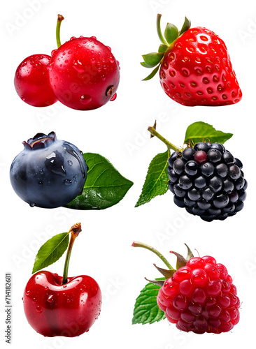 Berries set with transparent background PNG. Cranberry  Bilberry  Blackberry  Strawberry  Raspberry  Cherry. Generative AI