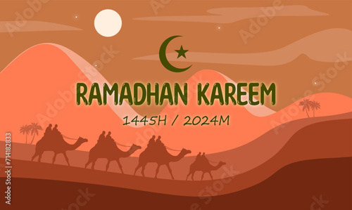 Ramadan template design with sky, moon and desert views, vector design of Ramadan greeting banner design, muslim, with light gradient.