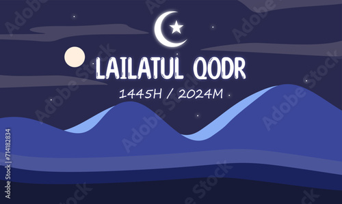 Ramadan and Lailatul Qodr template design with sky, moon and desert views, vector design of Ramadan greeting banner design, muslim, with light gradient.