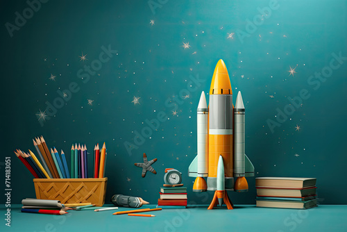 Yellow Rocket Ship on Pile of Books