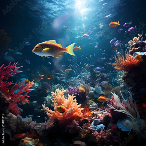 Surreal underwater scene with colorful marine life © Cao