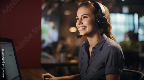 Portrait of Cheerful Call Center Operator Wearing Headphones and Holding Microphone
