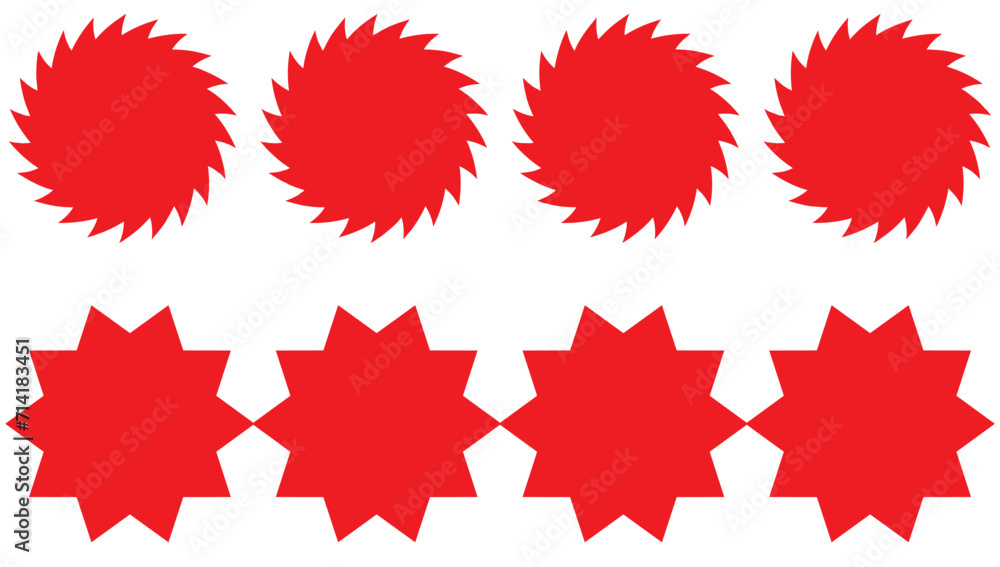 Starburst red sticker set - collection of special offer sale round and oval sunburst labels and buttons isolated on white background. Stickers and badges with star edges for promo advertising Starburst red sticker set - collection of special offer sale round and oval sunburst labels and buttons isolated on white background. Stickers and badges with star edges for promo advertising