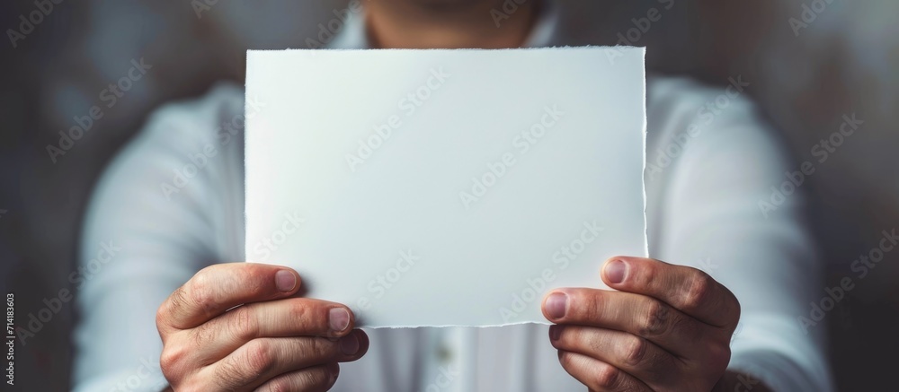 Blank paper held by a man's hand, pictured. Blank paper held by a man's hand, pictured.