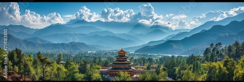 The landscape surrounding this pagoda is very clear with mountains in the background photo