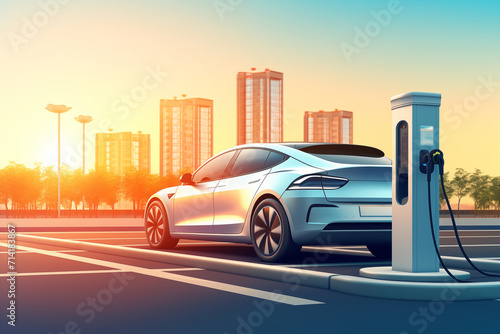 illustration. Car charging at electric car charging station. Electric vehicle charger station for charge EV battery. EV car charging point. Clean energy. Sustainable transportation. Green technology photo