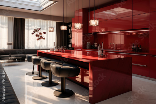 Luxury minimal american kitchen interior design in red
