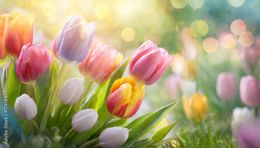 Easter colorful tulips flower on meadow, pastel light morning light bokeh.  - obrazy, fototapety, plakaty 