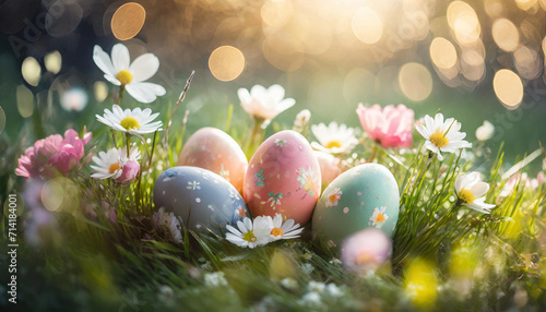 Easter eggs and beautiful flower on meadow. 