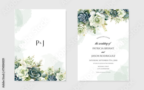 Succulents, roses and green branches. Wedding Invitation or greeting card, save the date, thank you, rsvp template