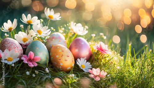Easter colorful eggs and daffodil flower on meadow, pastel light morning light bokeh 
