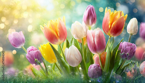 Easter colorful tulips flower on meadow, pastel light morning light bokeh.  #714184045