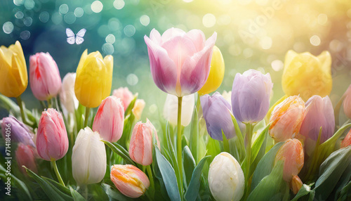 Easter colorful tulips flower on meadow,  beautiful morning light . #714184056