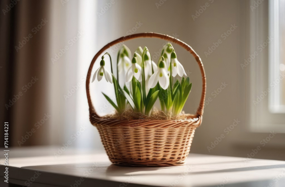 Bouquet of snowdrops in a wicker basket