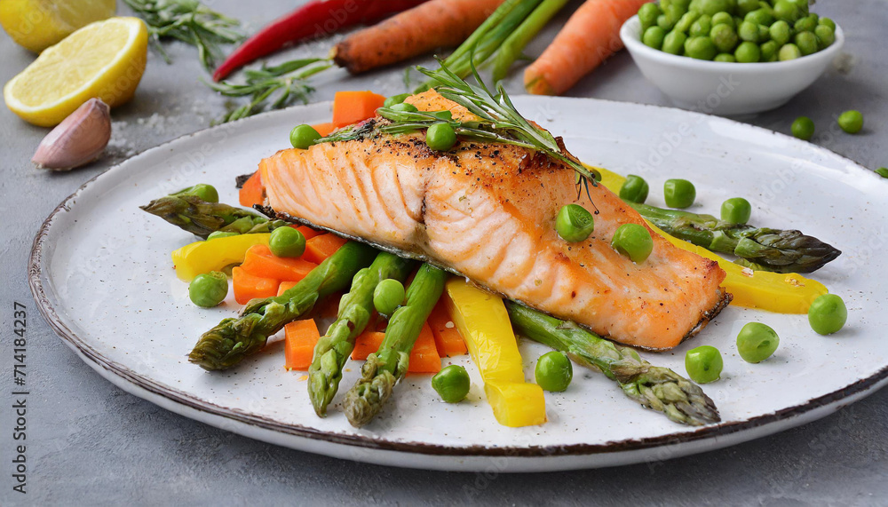 Grilled salmon with asparagus on white plate. Grilled salmon with asparagus on white plate.