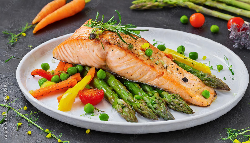 Grilled salmon with asparagus, on white plate Grilled salmon with asparagus, on white plate