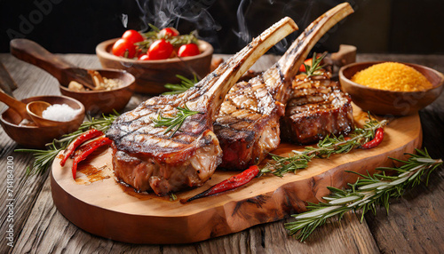 Freshly grilled  steaks on wooden cutting board 