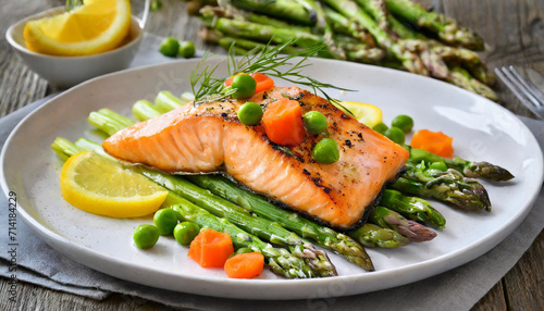 Grilled salmon with asparagus, on white plate