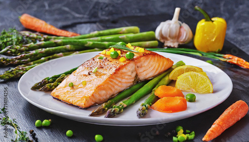 Grilled salmon with asparagus, and vegetables on the white plate.