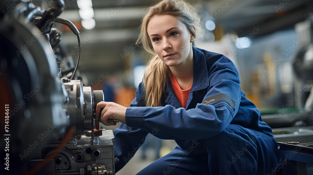 Confident Female Worker Operating High-Tech Machinery in Modern Automotive Manufacturing Confident Female Worker Operating High-Tech Machinery in Modern Automotive Manufacturing
