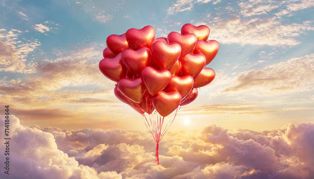 Fototapeta premium Red balloons heart in the sky in clouds sunset bright light .