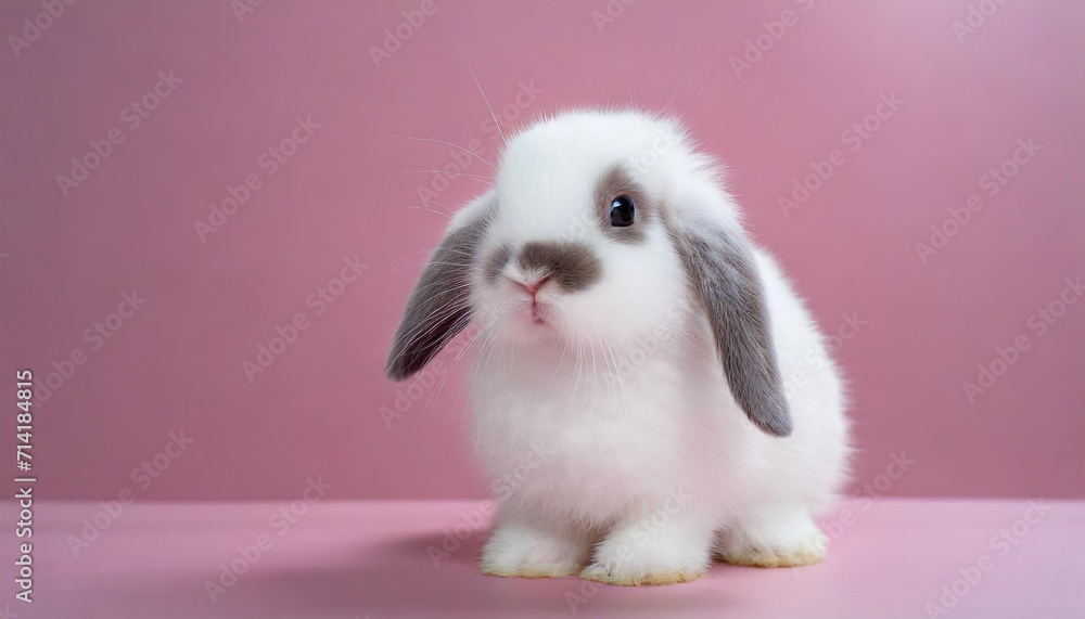 White cute baby rabbit standing on pink background. White cute baby rabbit standing on pink background.