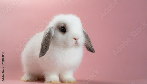 White cute baby rabbit standing on pink background
