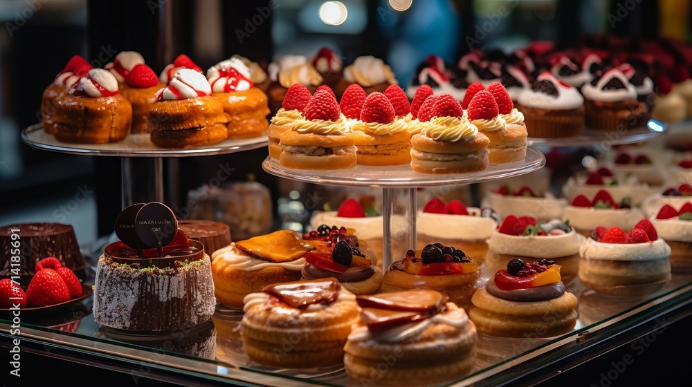 Showcase with sweets in a bakery or coffee shop. Making cakes and pastries Concept: confectionery Showcase with sweets in a bakery or coffee shop. Making cakes and pastries Concept: confectionery