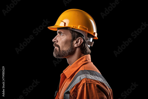 Man worker in yellow safety helmet and suit, isolated black background