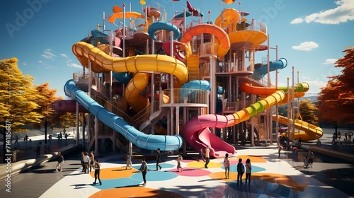 High Angle View: Children Play on Multi-colored Playground