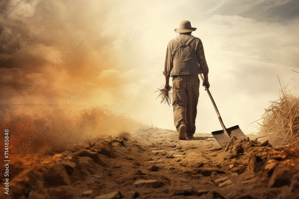 Man worker working on soil with shovel in hand