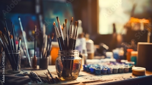 Creative Art Supplies on Desktop in Artist's Workshop AI Generated