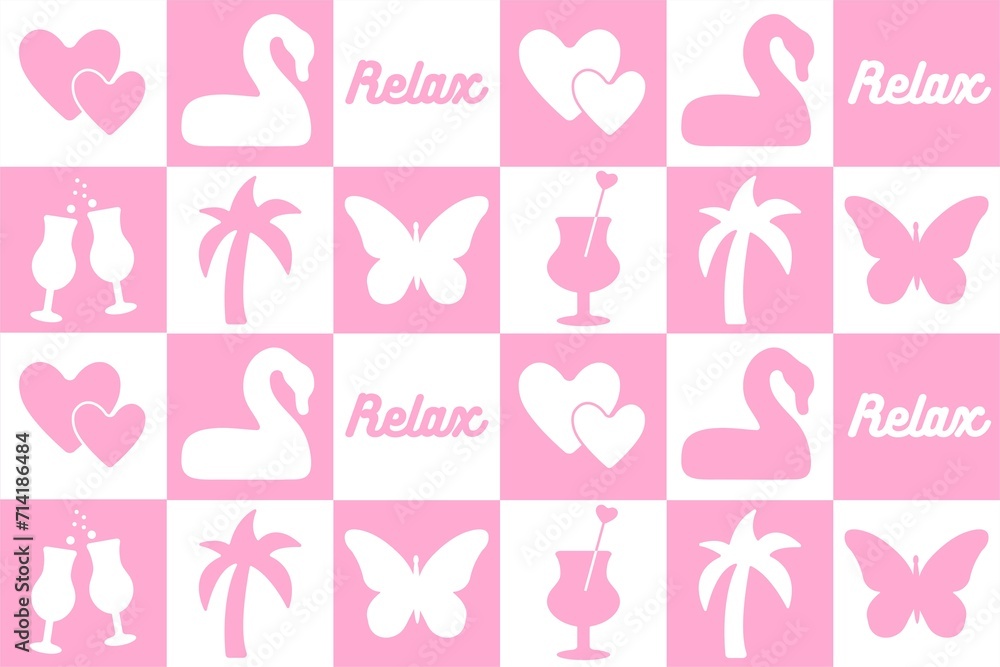 abstract, seamless pattern of pink daisies, butterflies, palm tree. fashionable plaid, cute graphics. for printing, advertising, wrapping paper, the Internet, social media. art graphics. abstract, seamless pattern of pink daisies, butterflies, palm tree. fashionable plaid, cute graphics. for printing, advertising, wrapping paper, the Internet, social media. art graphics.