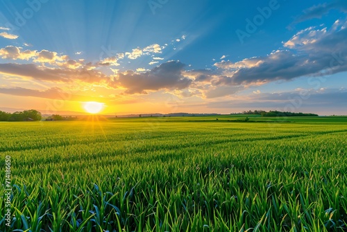 landscape of corn fields and green fields with sunset