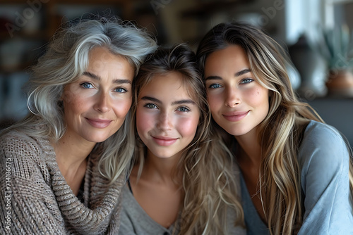 three generation of positive women smiling while looking at camera 