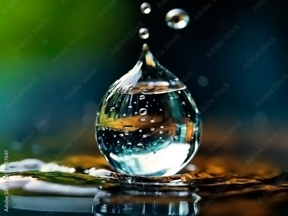 A drop of crystal clear water falls on the water surface, macro view A drop of crystal clear water falls on the water surface, macro view