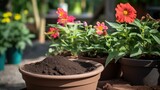 Biochar in a Pot and Flowers in Clay Pots with Garden in the Background AI Generated