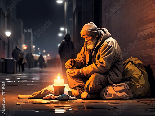 Homeless sad thoughtful man on the street. Vector graphics