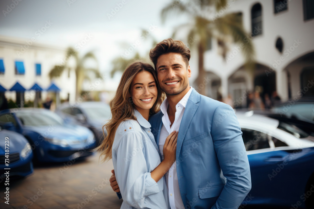 Happy Couple Posing Proudly Next to Their Recently Acquired Dream Car Happy Couple Posing Proudly Next to Their Recently Acquired Dream Car