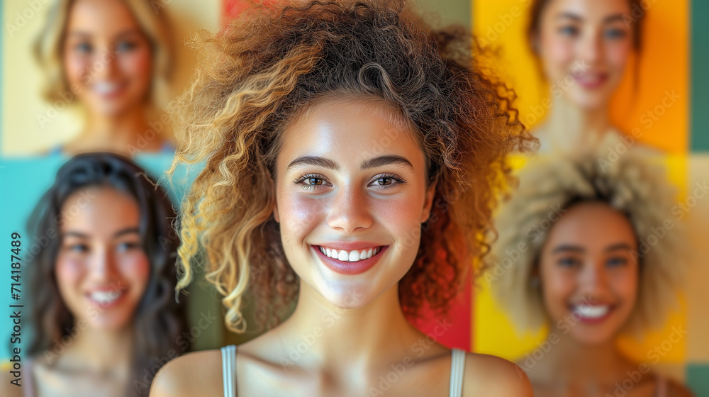 Happy attractive multiracial young woman with curly hair in front of blurred portraits of other women. Happy attractive multiracial young woman with curly hair in front of blurred portraits of other women.