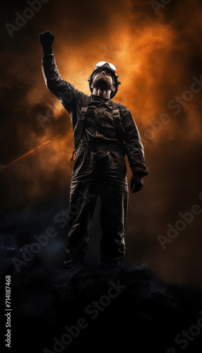 Miner worker man raising hand on dark night background