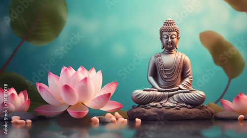 Buddha Figurine Among Lotus Flowers in 3D Style  Aromatherapy and Meditation Concept AI Generated