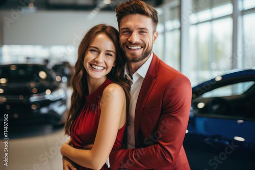 Happy Couple Posing Proudly Next to Their Recently Acquired Dream Car