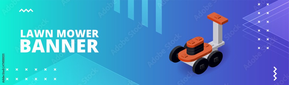 Banner with lawn mower for print and design. Vector illustration.