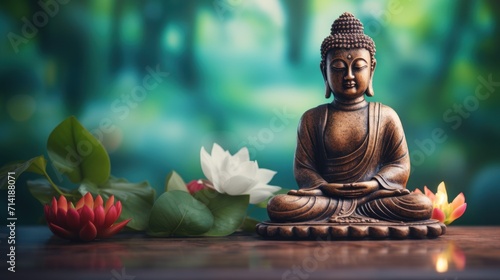 Tranquil Buddha Statue on Table with Lotus Flowers Background AI Generated