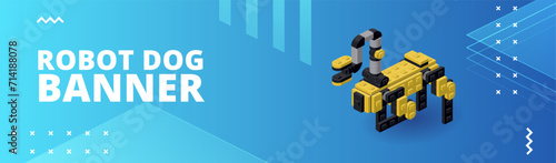 Banner with robot dog with working hand for print and design. Vector illustration.